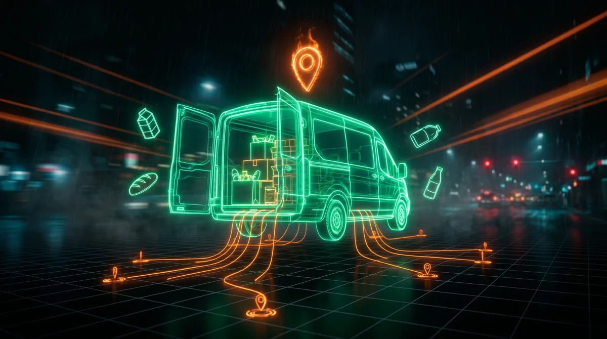 Food e-commerce in stile neon futurismo: cruscotto con i numeri veri di un brand alimentare che vende online su Shopify, Amazon e sito proprio, dal costo di acquisizione ai clienti che tornano
