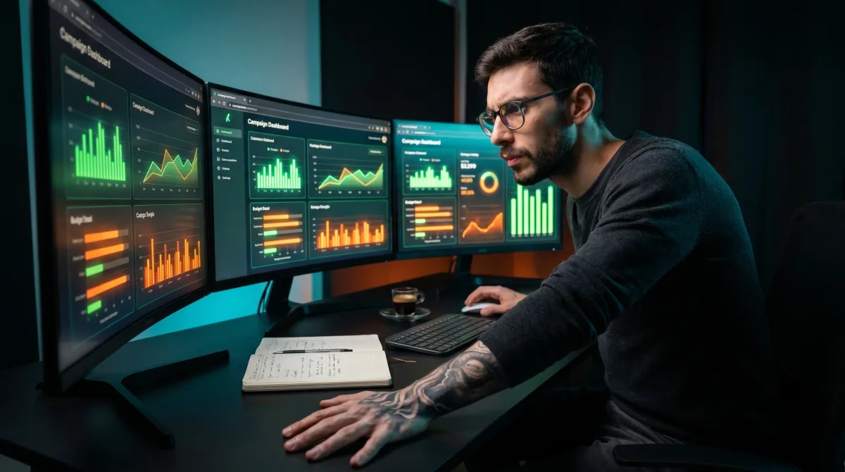 Matteo Coloru alla postazione multi-monitor mentre gestisce il budget pubblicitario di un brand food